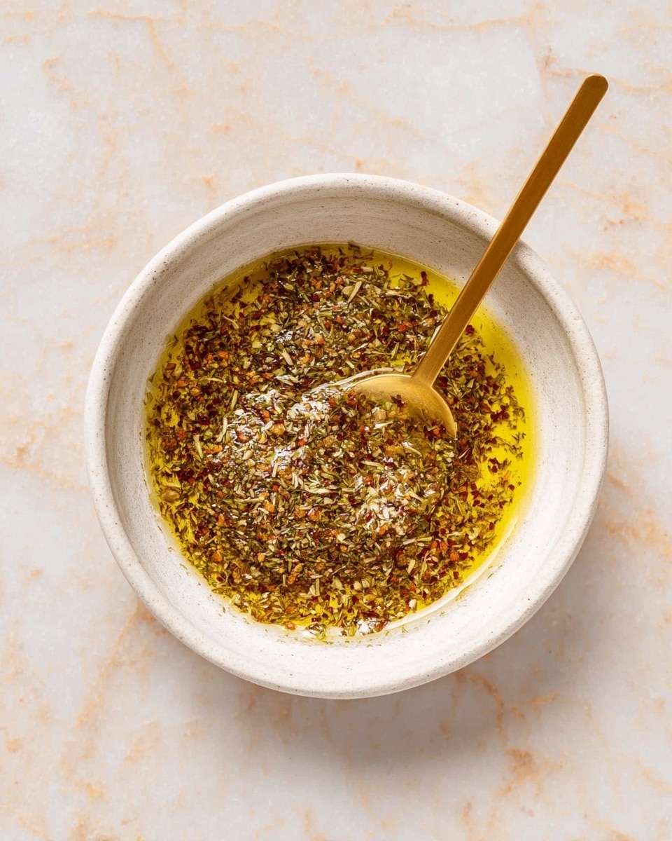 A white bowl sits on a white marbled surface, filled with a thin layer of golden yellow oil mixed with various green, brown, and red dried herbs and spices, creating a textured top layer. A golden spoon lies inside the bowl, partially submerged in the oil and spices, with its handle extending outward to the bottom right edge of the image. Photo taken with an iphone --ar 4:5 --v 7