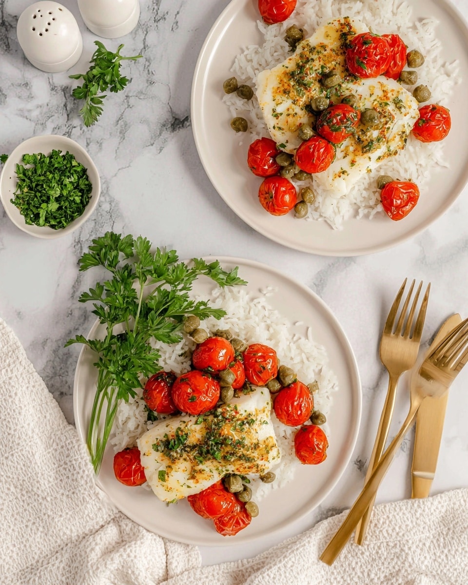 The image shows two white plates each with a base layer of white rice. On top of the rice are two pieces of white fish fillets, seasoned with herbs and topped with small, round, red roasted cherry tomatoes and green capers scattered around. There is a small bunch of fresh green parsley on the side of each plate. The plates are set on a white marbled surface, accompanied by a set of two golden forks and two white salt and pepper shakers in the background. A small white dish filled with chopped green herbs and a white textured cloth are also visible near the bottom edge of the image. photo taken with an iphone --ar 4:5 --v 7