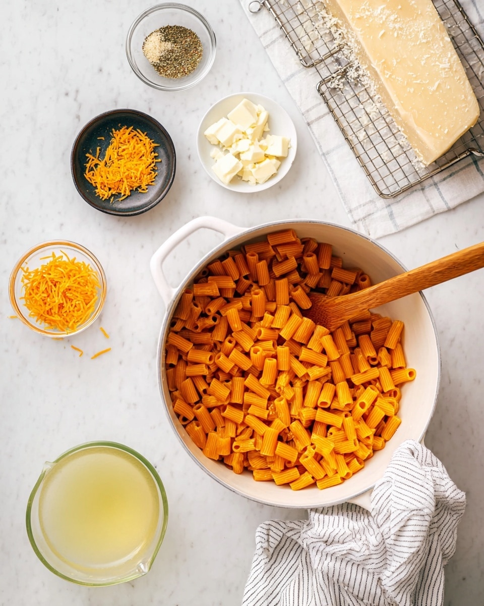 A white pot filled with many small, short, orange pasta tubes in the center right, with a wooden spoon resting on top inside the pot. Surrounding the pot, on the white marbled surface, are small bowls: one with orange zest in a black bowl, one with minced garlic in a glass bowl, and one with seasoning mix in a small clear bowl. There is also a clear glass cup filled with a pale yellow liquid, and a metal rack holding grated white cheese with a block of cheese on the top right. A white and gray striped cloth is draped around the pot handle. Photo taken with an iphone --ar 4:5 --v 7