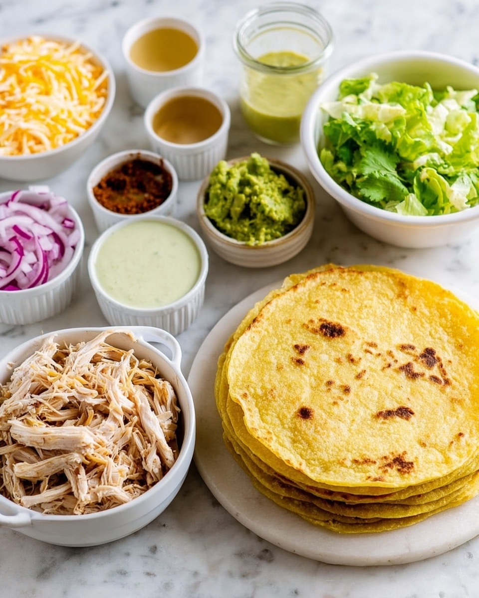 A white plate holds a neat stack of yellow corn tortillas with visible grill marks, placed on a white marbled surface. Around it sit small white bowls containing shredded light and yellow cheese, shredded cooked chicken in a white bowl with handles, green chopped lettuce, bright green guacamole, and pickled purple onions. There are also smaller cups with light yellow liquid, a brown sauce, and a larger jar with light green creamy sauce, all arranged loosely around the main bowls. Photo taken with an iphone --ar 4:5 --v 7