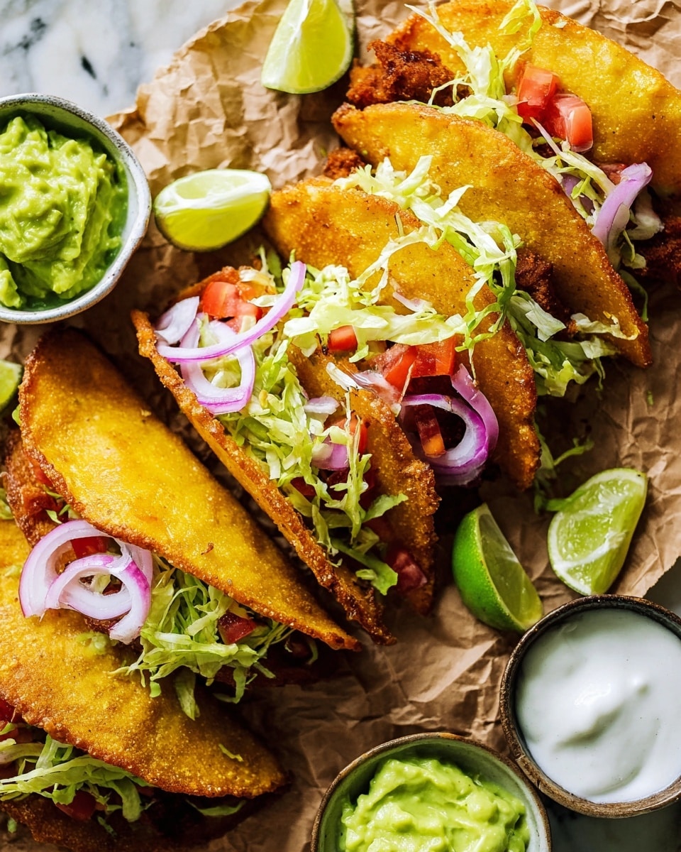 The image shows a close-up of golden crispy tacos, each folded in half with a crunchy texture and topped with bright green guacamole, shredded lettuce, small red tomato pieces, and thin rings of purple onion. The tacos rest on crinkled brown paper that lies on a white marbled surface. Around the tacos, there are lime wedges and three white bowls containing creamy white sauce, sliced purple onions, and more guacamole, adding fresh and colorful accents to the scene. photo taken with an iphone --ar 4:5 --v 7