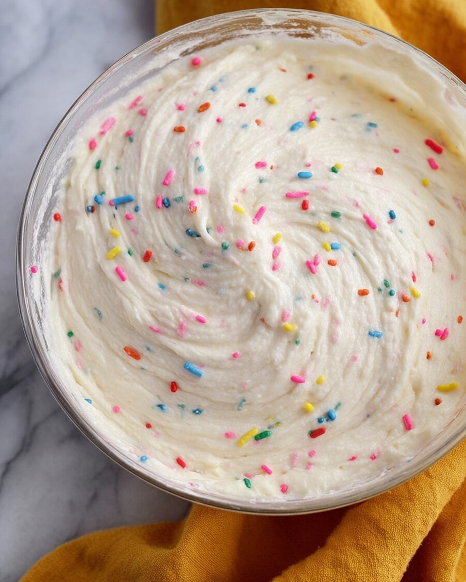 A close-up view of a clear glass bowl filled with thick white batter mixed with small colorful sprinkles in pink, red, blue, yellow, and green, with smooth swirled textures on the batter surface. The bowl is placed on a white marbled surface with a mustard yellow cloth partially visible on the side. photo taken with an iphone --ar 4:5 --v 7