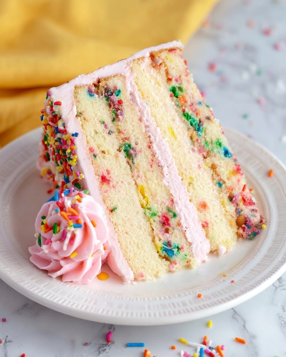 A slice of three-layer funfetti cake sits on a white plate with a simple pattern along the edge. Each layer is light yellow with bright red, blue, green, orange, and purple sprinkles inside the soft cake. Between each layer, there is a thick, smooth pale pink frosting that also covers the outside and top of the slice. On one side of the slice is a rosette of pink frosting with colorful sprinkles on and around it. The plate rests on a white marbled surface with more sprinkles scattered nearby, and a yellow cloth is partially visible behind the plate. Photo taken with an iphone --ar 4:5 --v 7