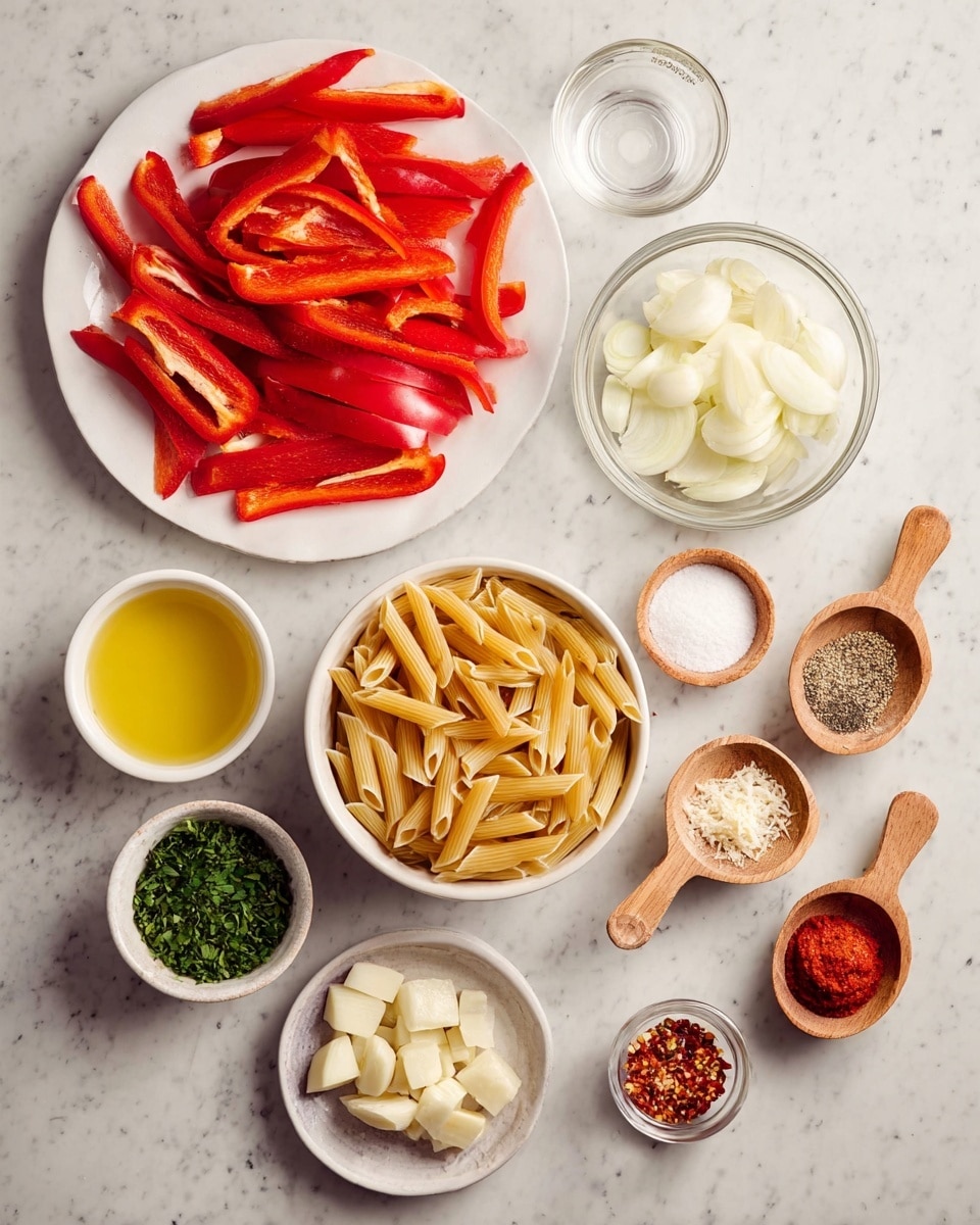 The image shows various ingredients neatly arranged on a white marbled surface. There is a white plate filled with long, thin slices of red bell pepper on the top left. In the center, a white bowl holds uncooked penne pasta. Surrounding these are smaller white bowls and dishes containing different ingredients: a small bowl of olive oil that is yellow and smooth, a bowl with white onion pieces, a small dish with peeled garlic cloves, and small bowls with chopped green herbs, red chili flakes, dried herbs, and grated cheese. Two wooden measuring spoons hold salt and a white powdery substance, and another wooden spoon with a red paste rests nearby. A clear glass bowl is empty in the upper right corner. Everything is displayed neatly with good lighting. Photo taken with an iphone --ar 4:5 --v 7