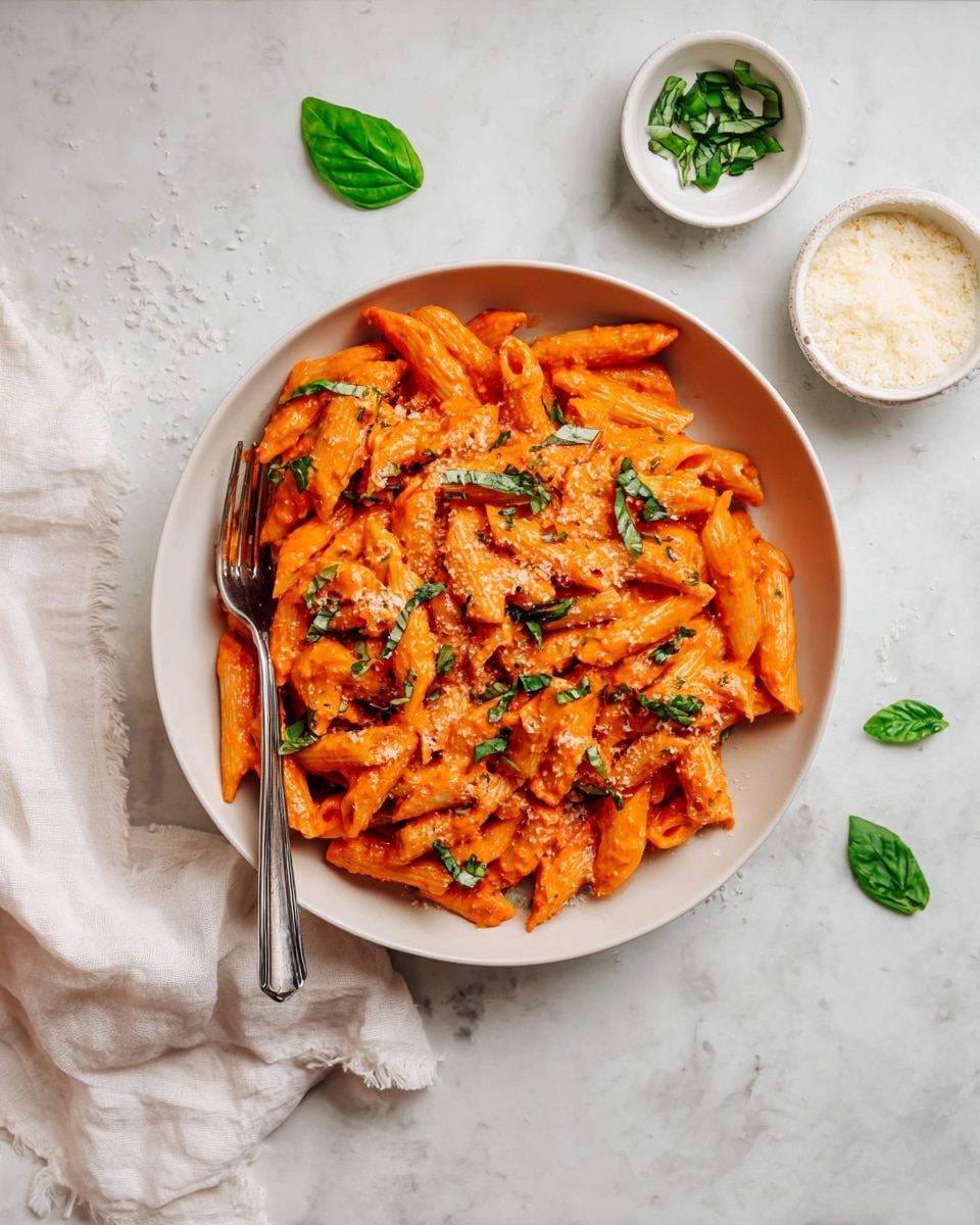 A white bowl holds a single layer of orange penne pasta covered in creamy tomato sauce. Bright green pieces of basil are scattered evenly on top, with light sprinkles of grated cheese adding texture. A silver fork rests on the left side inside the bowl on a white marbled surface. Around the bowl are small white bowls, one filled with grated cheese and the other with chopped basil leaves, along with a few loose basil leaves. A wrinkled white cloth is placed near the bowl. photo taken with an iphone --ar 4:5 --v 7