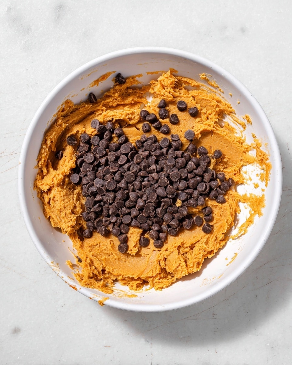 A white bowl sits on a white marbled surface filled with thick, orange cookie dough spread unevenly inside, with a large pile of small, dark brown chocolate chips heaped loosely in the center on top of the dough. The dough has a slightly rough texture with some visible chunks, and some dough clings to the sides of the bowl. The chocolate chips contrast sharply against the warm orange dough, creating a clear two-layer look. The lighting is bright, highlighting the colors and textures of the dough and chips. photo taken with an iphone --ar 4:5 --v 7