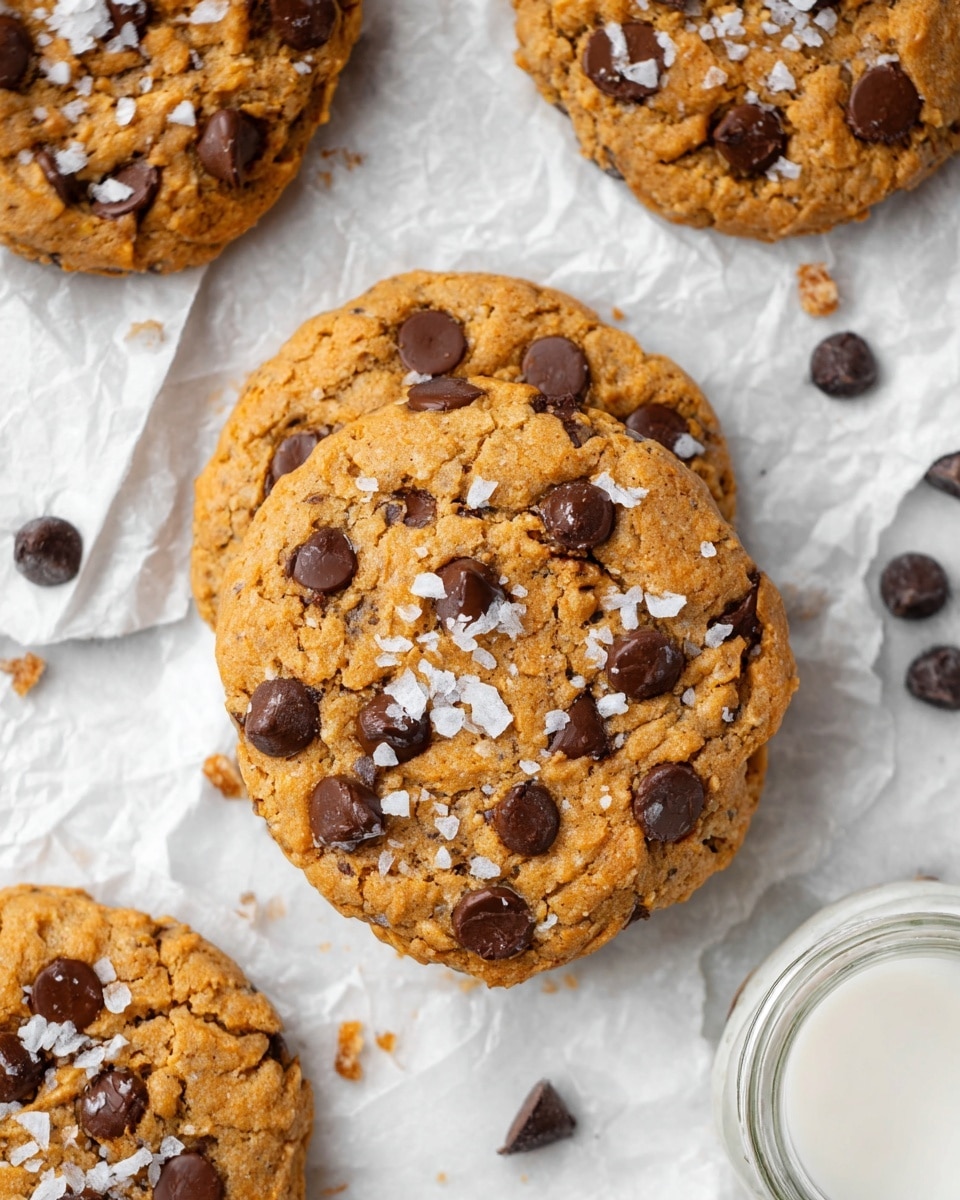 The image shows several round chocolate chip cookies with a golden brown color and a rough texture. Each cookie has many dark brown chocolate chips scattered across the surface, with some chocolate chips slightly melted. White flakes of sea salt are sprinkled on top of the cookies, adding a contrast to the dark chocolate. The cookies are placed on a white marbled surface that has some crinkled white paper underneath. There is a clear glass jar on the right side, partially visible, and some loose chocolate chips are scattered around the cookies. The lighting highlights the textures and colors of the cookies well. photo taken with an iphone --ar 4:5 --v 7
