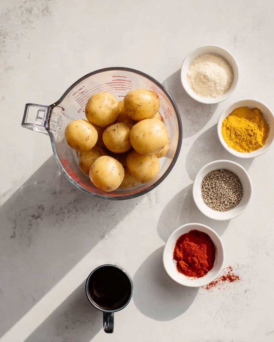 The image shows a clear glass measuring jug filled with small round potatoes, placed on a white marbled surface. Around the jug, there are five small white bowls with different powders and spices in them: one has a yellow powder, another has a red powder, another has a white powder, and one has a mix of black and white pepper. There is also a small black cup with a dark liquid near the glass jug. The scene is bright with soft shadows, giving a clean and simple look photo taken with an iphone --ar 4:5 --v 7