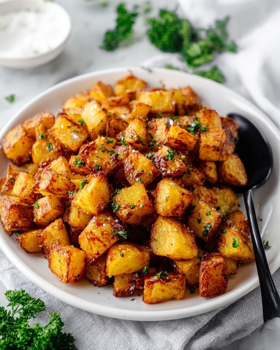 A white round plate filled with many small golden-brown roasted potato cubes, each piece showing a crispy texture with some darker brown edges. The potatoes are scattered evenly and topped with small green parsley flakes and a few grains of coarse salt. The plate sits on a light gray cloth with some fresh parsley sprigs around it, all placed on a white marbled surface. A black spoon props into the potatoes on the right side, ready to serve. Photo taken with an iphone --ar 4:5 --v 7