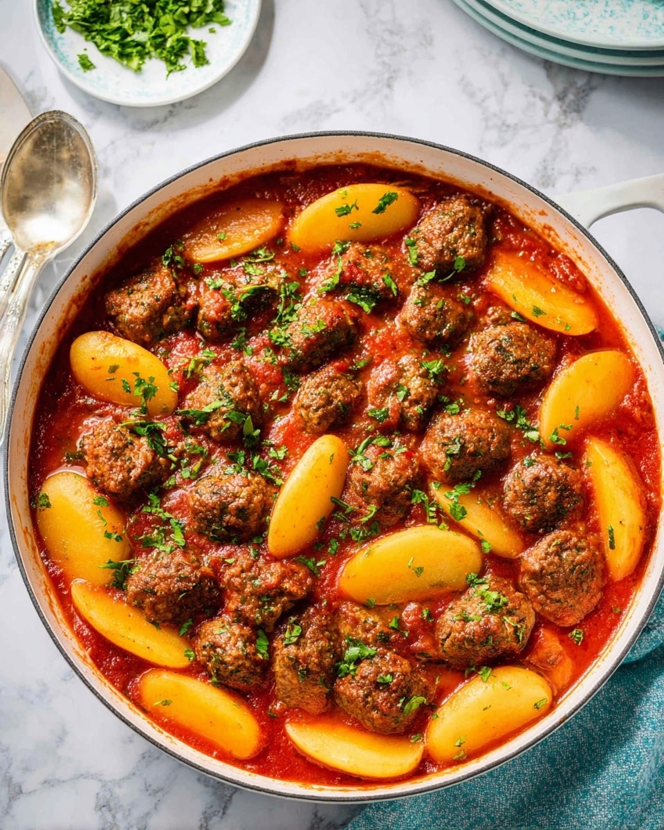 A white pan filled with two main layers: the bottom layer is a rich red tomato sauce, and on top are rows of brown meat pieces with a slightly crumbly texture and green herb specks. Between and around the meat pieces are soft yellow potato slices of different shapes, some curved and others more straight. A few small bits of chopped green herbs are scattered on top for color. The pan sits on a white marbled surface with a glimpse of a white plate holding more green herbs nearby. Photo taken with an iphone --ar 4:5 --v 7