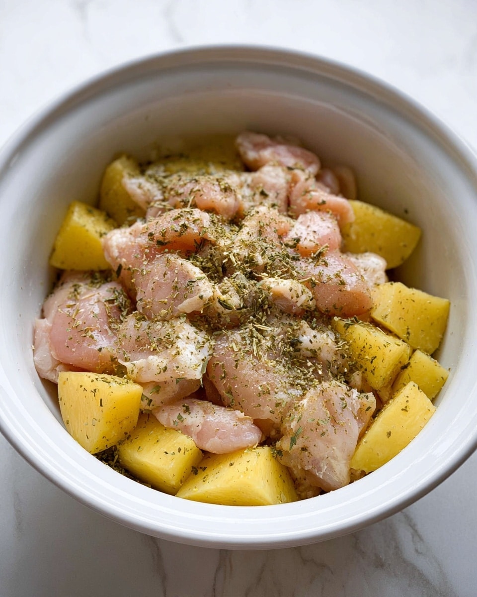 Inside a white bowl, there are two layers of ingredients. The bottom layer shows yellow potato pieces with skin and a slightly rough texture. On top, there are raw chicken pieces that are light pink and uneven in size, sprinkled with green dried herbs scattered evenly across the chicken and potatoes. The bowl is set against a white marbled surface. photo taken with an iphone --ar 4:5 --v 7