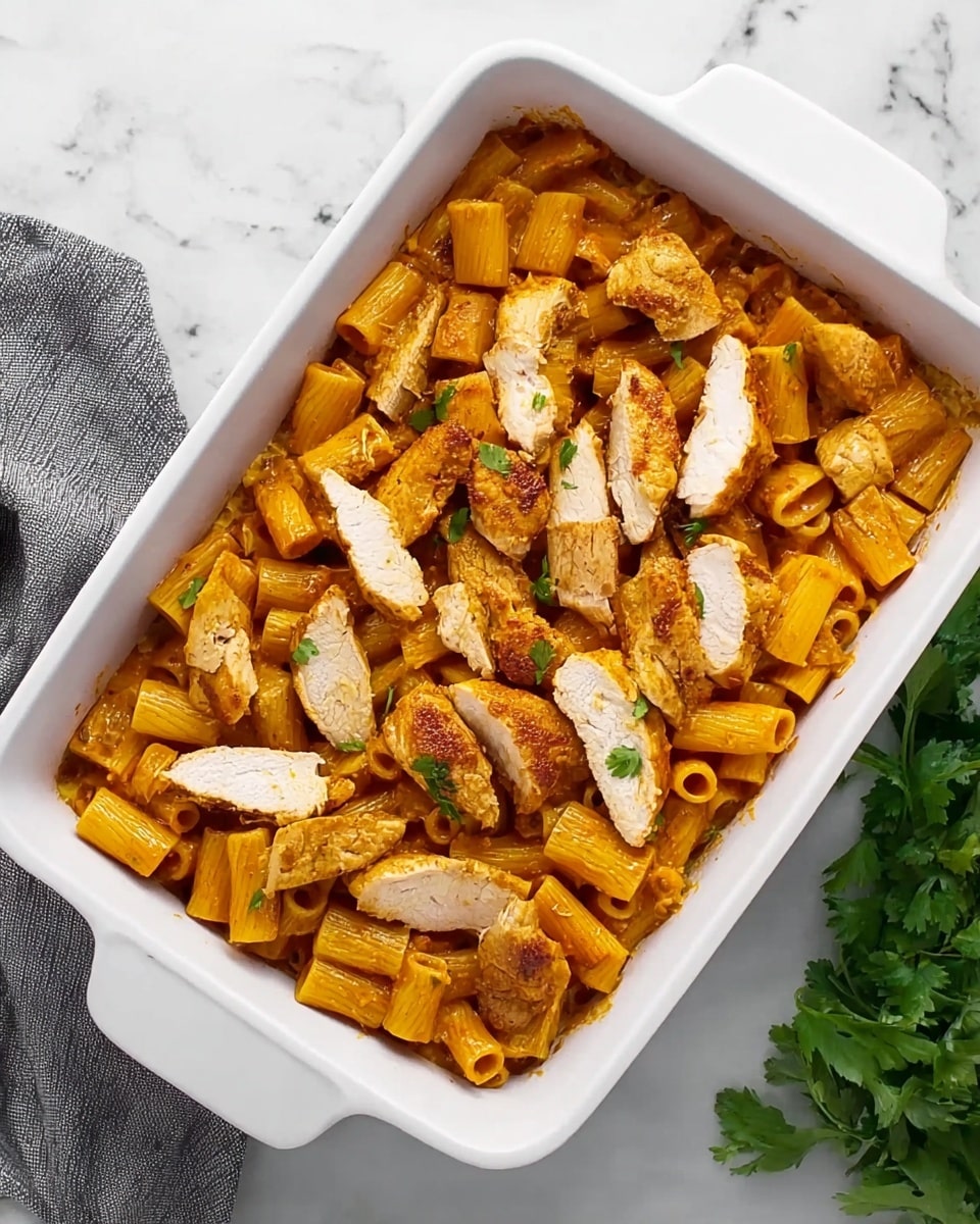 The image shows a white rectangular baking dish filled with two layers of food. The bottom layer is orange-red rigatoni pasta coated in a sauce, evenly spread across the dish. On top, there are several pieces of sliced cooked chicken, golden brown on the outside with a white inside, arranged in a scattered manner. The dish is placed on a white marbled surface with some green leafy herbs on the right side and a bit of a gray cloth visible on the top left corner. Photo taken with an iphone --ar 4:5 --v 7