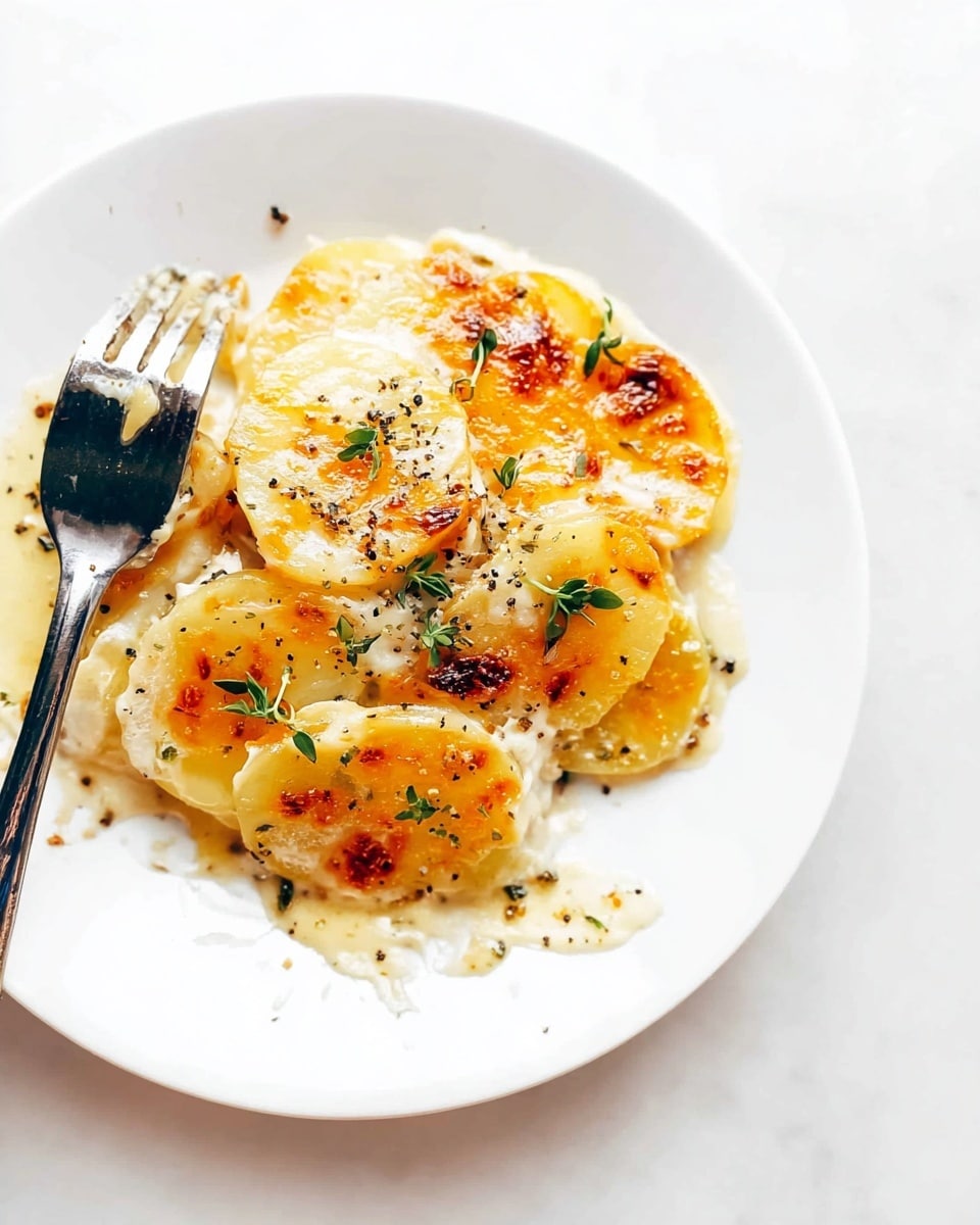 A white plate holds a serving of scalloped potatoes arranged in a layered round shape, with about three visible layers of thin, circular potato slices. The top layer is golden brown with bubbling melted cheese and small browned spots. The cheese sauce appears creamy and smooth, filling the gaps between the potatoes. Small green herb sprigs are scattered on top along with black pepper flakes. A silver fork rests on the left side of the plate, with some sauce dripping beneath it. The dish sits on a white marbled surface. Photo taken with an iphone --ar 4:5 --v 7