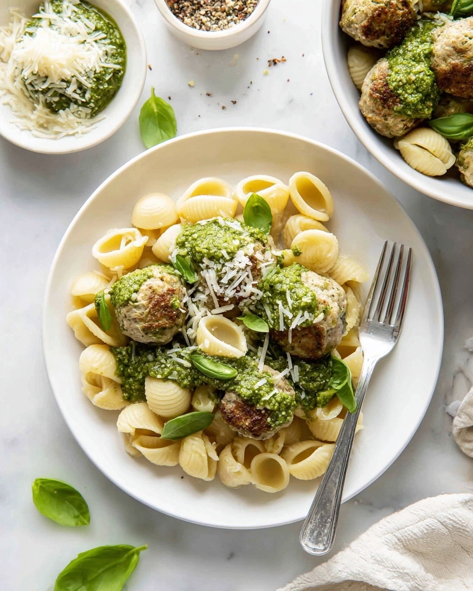 A white plate holds a serving of round pasta shells at the bottom, light yellow in color with a smooth texture, topped with six pale green meatballs showing some browning on the sides. On top of the pasta and meatballs, there are dollops of bright green pesto sauce adding a coarse texture, and small fresh basil leaves scattered around for garnish. A fine grating of white cheese is sprinkled over the meatballs and pesto. A silver fork rests on the right side of the plate. The dish sits on a white marbled surface with some loose basil leaves and pepper scattered nearby; in the background, a white bowl with more meatballs and green pesto is partially visible. Photo taken with an iphone --ar 4:5 --v 7