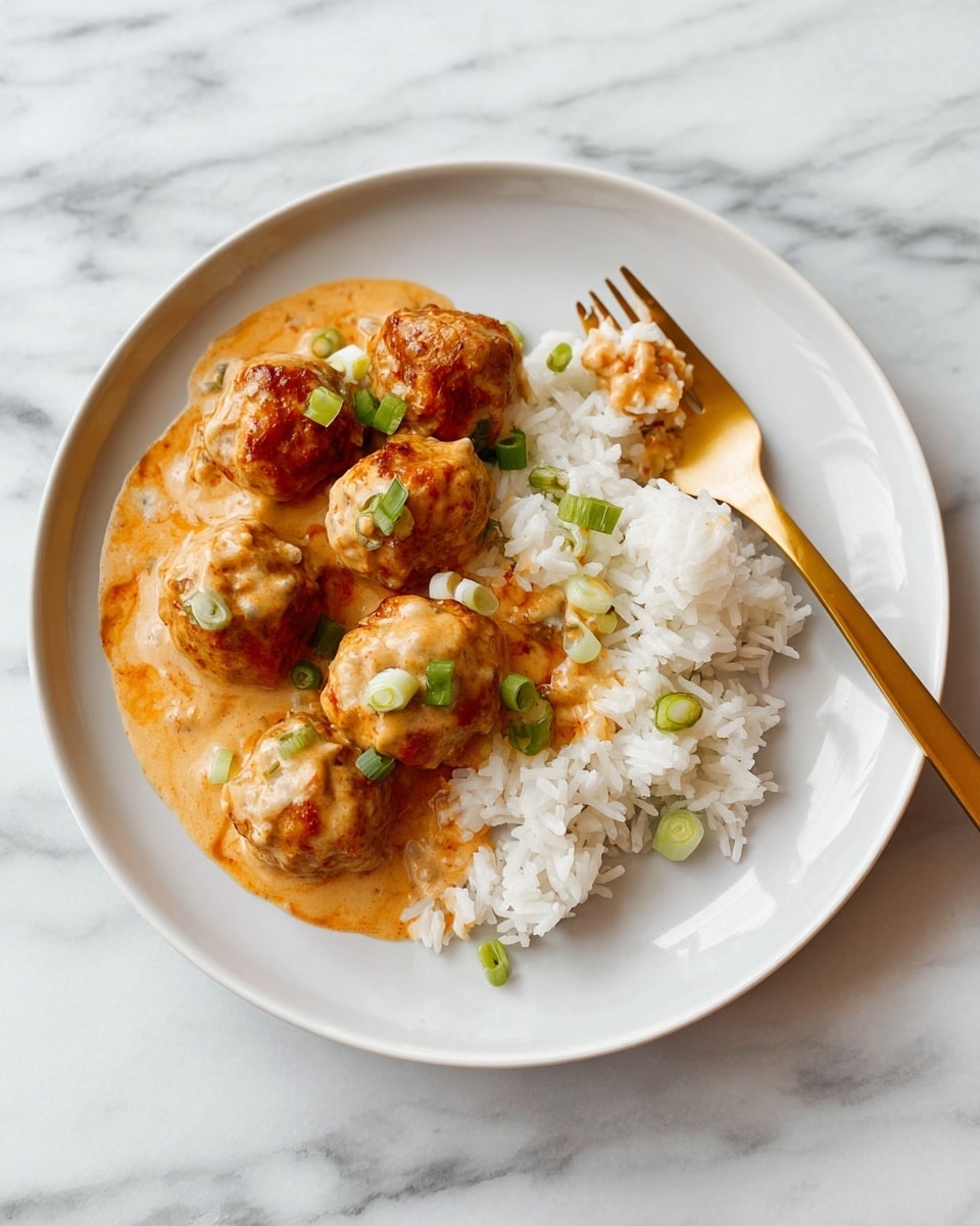 A white round plate holds a serving of white rice on the right side, topped with a smooth orange sauce that spreads slightly around it. On top and to the left of the rice are five round meatballs covered in the same orange sauce, with some small green onion slices scattered on the sauce, rice, and meatballs for color contrast. A gold fork rests on the plate’s right edge with some grains of rice on its prongs. The plate is placed on a white marbled textured surface. Photo taken with an iphone --ar 4:5 --v 7