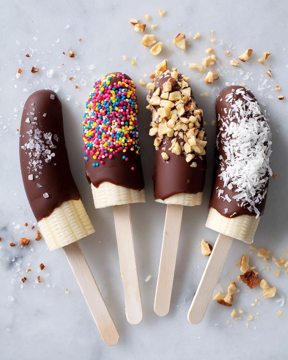 Four banana halves on white wooden sticks lay on a white marbled surface, each dipped halfway in smooth dark chocolate. The first banana on the left is topped with scattered crystals of salt, its chocolate layer dark and shiny. The second banana is decorated with small colorful sprinkles in pink, yellow, blue, and red over the chocolate. The third banana has a thick chocolate coating with a generous layer of chopped light brown nuts sprinkled on top. The fourth banana is covered in dark chocolate and topped with white coconut flakes that contrast with the deep brown chocolate. Tiny bits of sprinkles, salt, nuts, and coconut flakes are scattered around on the white marbled surface. photo taken with an iphone --ar 4:5 --v 7