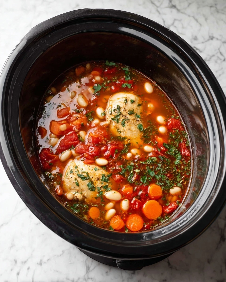 A black slow cooker filled with a soup that has two pale chicken pieces partially submerged in a light reddish broth. The broth contains small orange carrot slices, white beans, and bright red tomato chunks mixed with green herbs scattered on the surface. The slow cooker sits on a white marbled surface. photo taken with an iphone --ar 4:5 --v 7