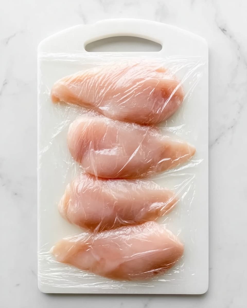 The image shows four raw chicken fillets placed in a single layer on a white cutting board with a handle on top. The fillets are arranged vertically, with each piece touching the next, and they are covered loosely with clear plastic wrap that creates soft reflections and slight wrinkles across the surface. The entire setup is on a white marbled surface that adds a clean, bright background to the scene. This simple presentation highlights the pale pink color and smooth texture of the chicken fillets. Photo taken with an iphone --ar 4:5 --v 7