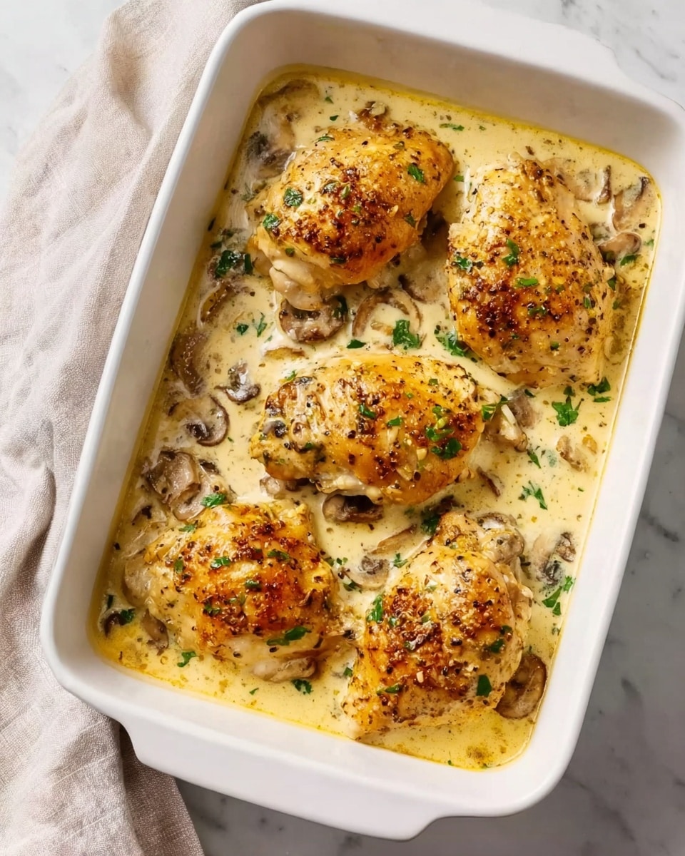 The image shows a white rectangular baking dish filled with four golden brown chicken pieces sitting in a creamy light yellow sauce. The sauce has small bits of mushrooms and green herbs spread throughout, adding texture and color contrast. The chicken pieces are evenly spaced, each coated with a light layer of sauce and some sprinkled seasoning on top. The dish rests on a white marbled surface, and a soft cloth is partially visible in the corner. photo taken with an iphone --ar 4:5 --v 7