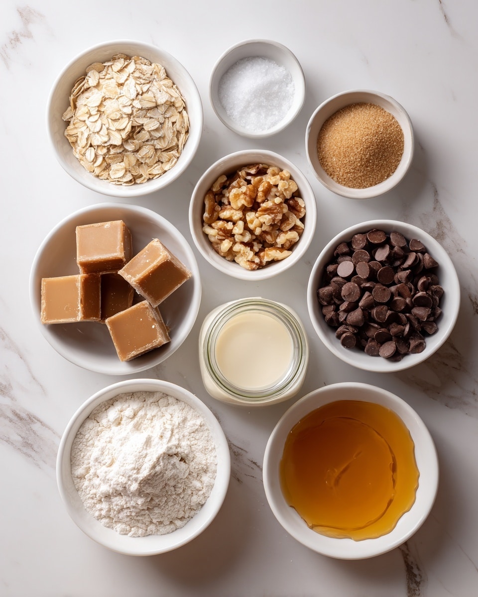 The image shows nine small white bowls and a glass jar arranged on a white marbled surface. The top row has a bowl filled with oatmeal flakes on the left, a bowl with light brown sugar in the middle, and a small bowl of white salt on the right. Next to the salt is a bowl with chopped nuts. Below the oatmeal, a glass jar holds a pale cream liquid. To the left of it is a bowl of caramel squares. Below the brown sugar, there is a bowl with flour, and to the right, a bowl filled with dark chocolate chips, with a few chocolate chips spilled on the surface. The last bowl on the bottom right contains melted golden butter. photo taken with an iphone --ar 4:5 --v 7