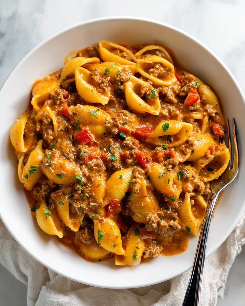 A white bowl filled with pasta shells mixed with a thick, creamy orange sauce, ground meat, and small pieces of red tomato, garnished with chopped green herbs scattered on top. The texture of the sauce looks smooth and coats all the pasta shells evenly. There is a silver fork with a black handle resting on the side of the bowl. The bowl is placed on a white marbled surface with a soft cloth beside it. Photo taken with an iphone --ar 4:5 --v 7