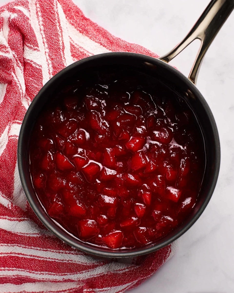 A close-up top view of a black saucepan filled with thick, glossy red fruit sauce with visible chunks of cooked apples or similar fruit, sitting on a white marbled surface. To the right of the saucepan, a red and white striped cloth is partially visible. The metal handle of the saucepan extends to the right, adding contrast to the dark pot. The sauce inside has a rich texture, deep red color, and slightly shiny appearance, showing a fresh-cooked look. photo taken with an iphone --ar 4:5 --v 7