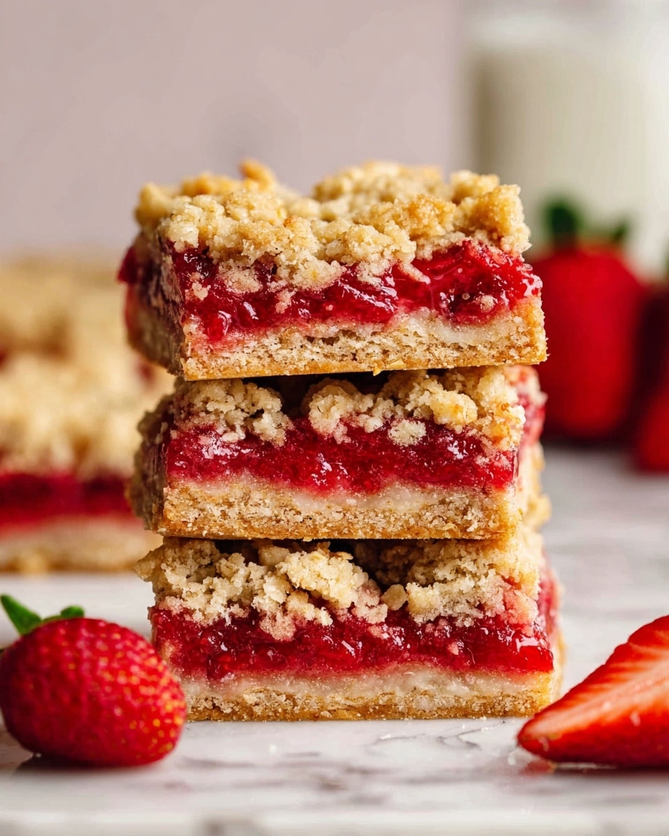 The image shows a stack of three strawberry crumble bars on a white marbled surface. Each bar has three layers: the bottom layer is a golden brown crumbly oat crust, the middle layer is a bright red, juicy strawberry filling with a slightly glossy texture, and the top layer is a rough, golden crumble topping with small chunks and a baked, slightly browned appearance. There is a fresh half strawberry placed on the surface near the bars, and in the background, blurred red strawberries and a glass bottle with milk are visible. The photo taken with an iphone --ar 4:5 --v 7