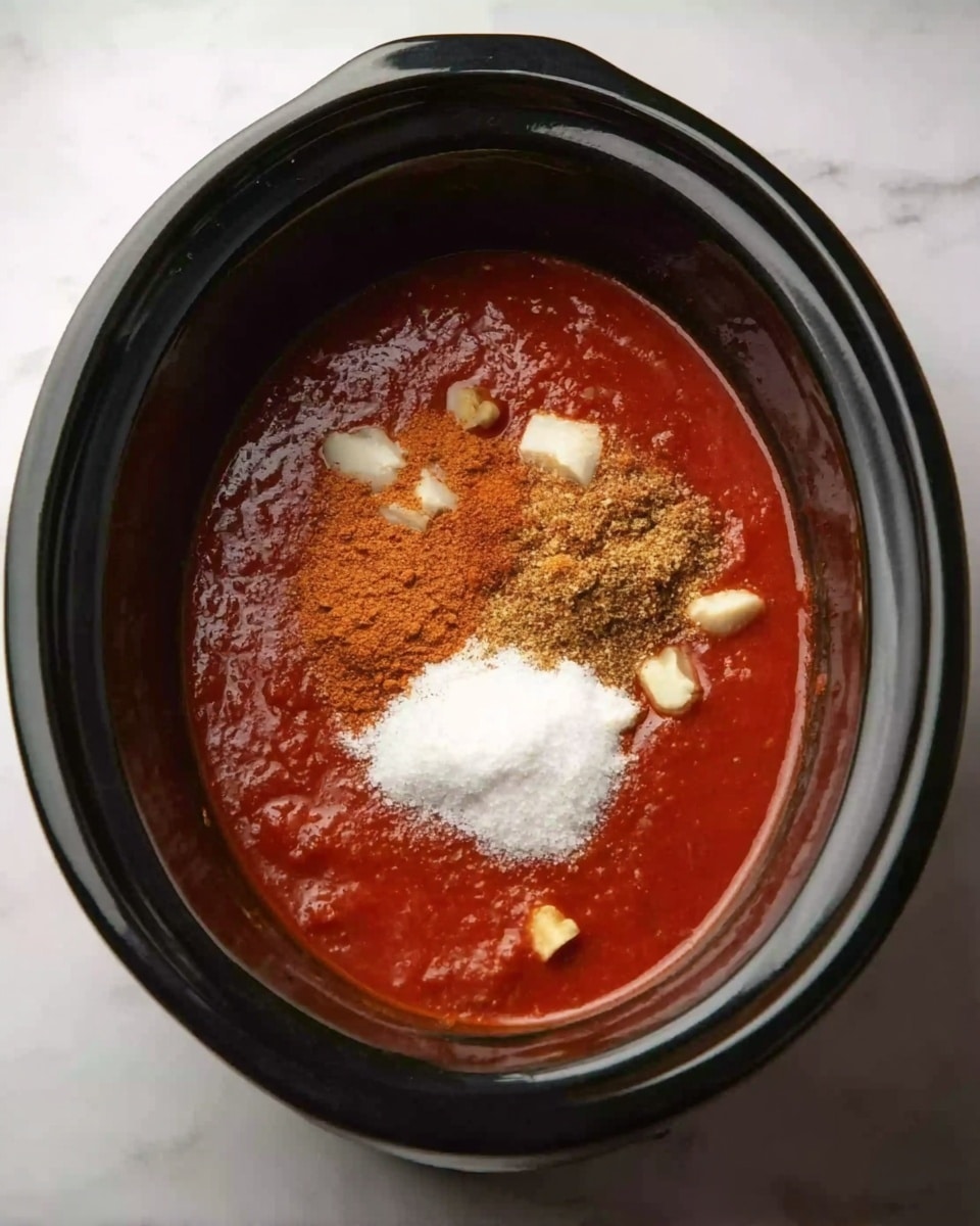 A black slow cooker filled with a thick, deep red sauce covering the base, topped with a pile of white salt and brown powdered spices in the center, along with small chunks of light beige ginger or garlic around the edges. The sauce looks smooth and rich inside the cooker, which sits on a white marbled surface. Photo taken with an iphone --ar 4:5 --v 7