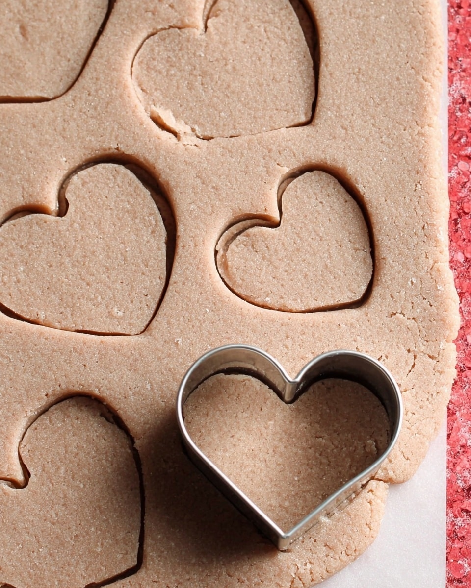 A flat layer of light brown dough is spread evenly on a white marbled surface. Several heart shapes are cut out in the dough, with one metal heart-shaped cookie cutter still pressed into the dough on the right side. The dough texture looks smooth with slight graininess, and the cookie cutter has a shiny silver color. The white marbled surface beneath features a red border on the right edge. photo taken with an iphone --ar 4:5 --v 7