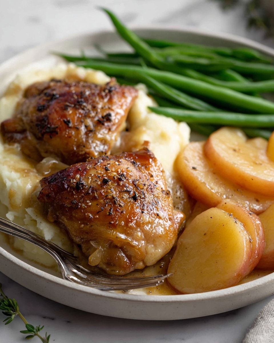 The dish has three main layers on a white plate placed on a white marbled surface. The bottom layer is smooth, creamy mashed potatoes with a pale off-white color. On top of the mashed potatoes, there are two pieces of golden-brown, crispy roasted chicken thighs with visible black pepper specks and a slightly shiny texture. To the right of the chicken, there are several thick slices of glazed apples with a glossy light brown skin and soft texture. Behind all this, in the background, there is a neat row of bright green steamed green beans. A silver fork is placed on the left side of the plate, partially resting on the mashed potatoes. Photo taken with an iphone --ar 4:5 --v 7