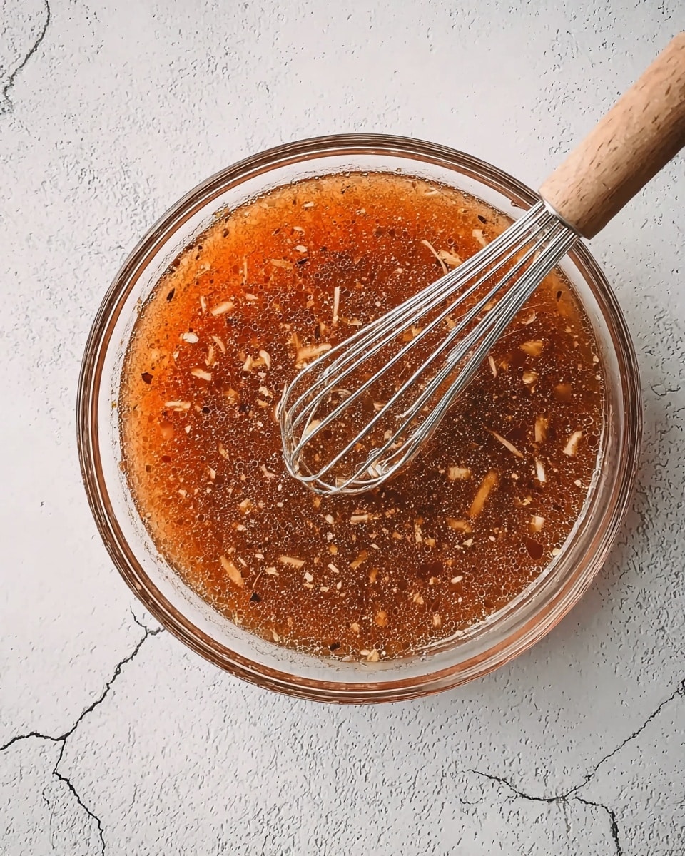 A clear glass bowl filled with a brown liquid mixture that has small bits and pieces floating in it, showing some texture. A metal whisk with a wooden handle is resting inside the bowl, partly submerged in the liquid. The bowl sits on a white marbled surface with some faint cracks. photo taken with an iphone --ar 4:5 --v 7