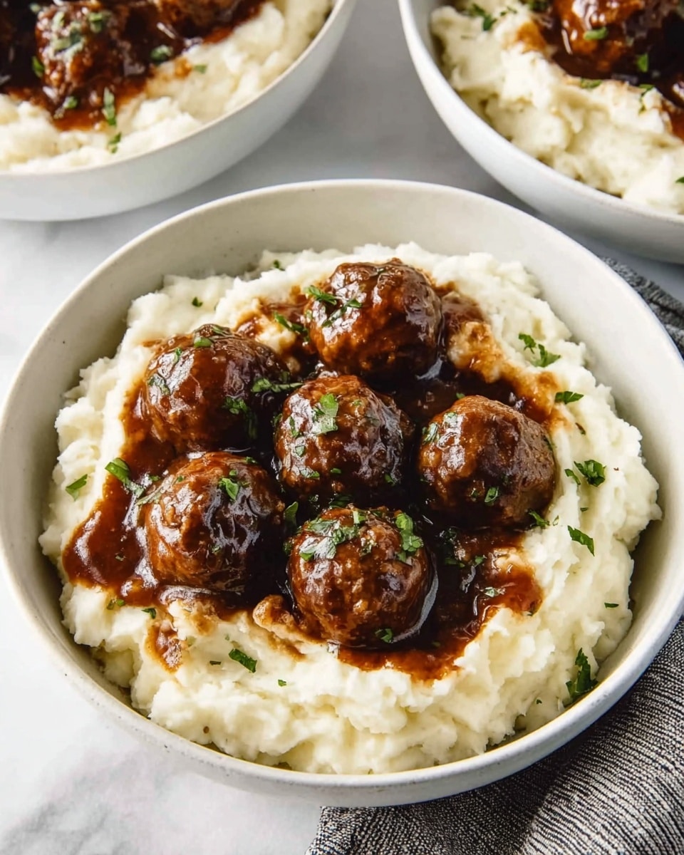 A white bowl filled with two layers: the bottom layer is creamy white mashed potatoes with a smooth texture and soft peaks, and the top layer has six evenly spaced brown meatballs covered in a shiny dark brown gravy sauce. Small green herb pieces are sprinkled on the meatballs and gravy for color contrast. The bowl sits on a white marbled surface, with parts of two more similar bowls visible in the background. photo taken with an iphone --ar 4:5 --v 7