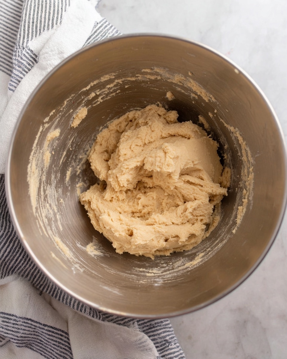 The image shows a single metal mixing bowl filled with a thick, pale beige dough that looks soft and slightly sticky. The dough sits in the middle of the bowl, with some bits spread thinly along the sides of the bowl. The bowl is on a white marbled surface, partially covered by a cloth with white and gray stripes. The photograph captures the texture of the dough and the smooth, reflective inside of the bowl, creating a simple and clean kitchen scene. photo taken with an iphone --ar 4:5 --v 7