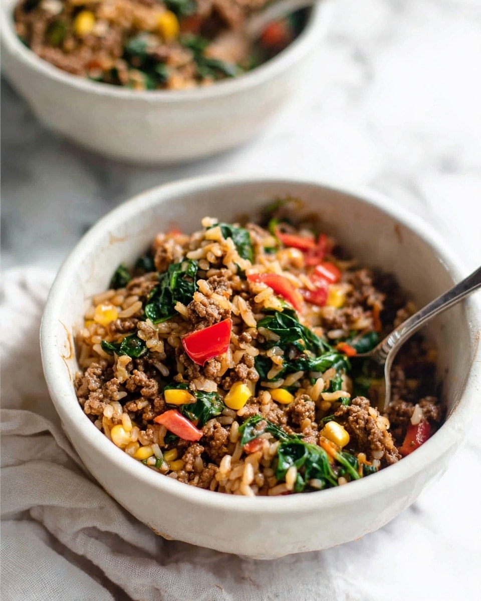 A white bowl filled with a mix of brown cooked ground meat, white rice, dark green spinach leaves, small yellow corn kernels, and bright red bell pepper pieces, all mixed together in a textured, hearty look. A silver spoon rests inside the bowl, showing more of the colorful mix. The bowl is placed on a white marbled surface with a soft, white cloth nearby. Another similar bowl is blurred in the background. photo taken with an iphone --ar 4:5 --v 7