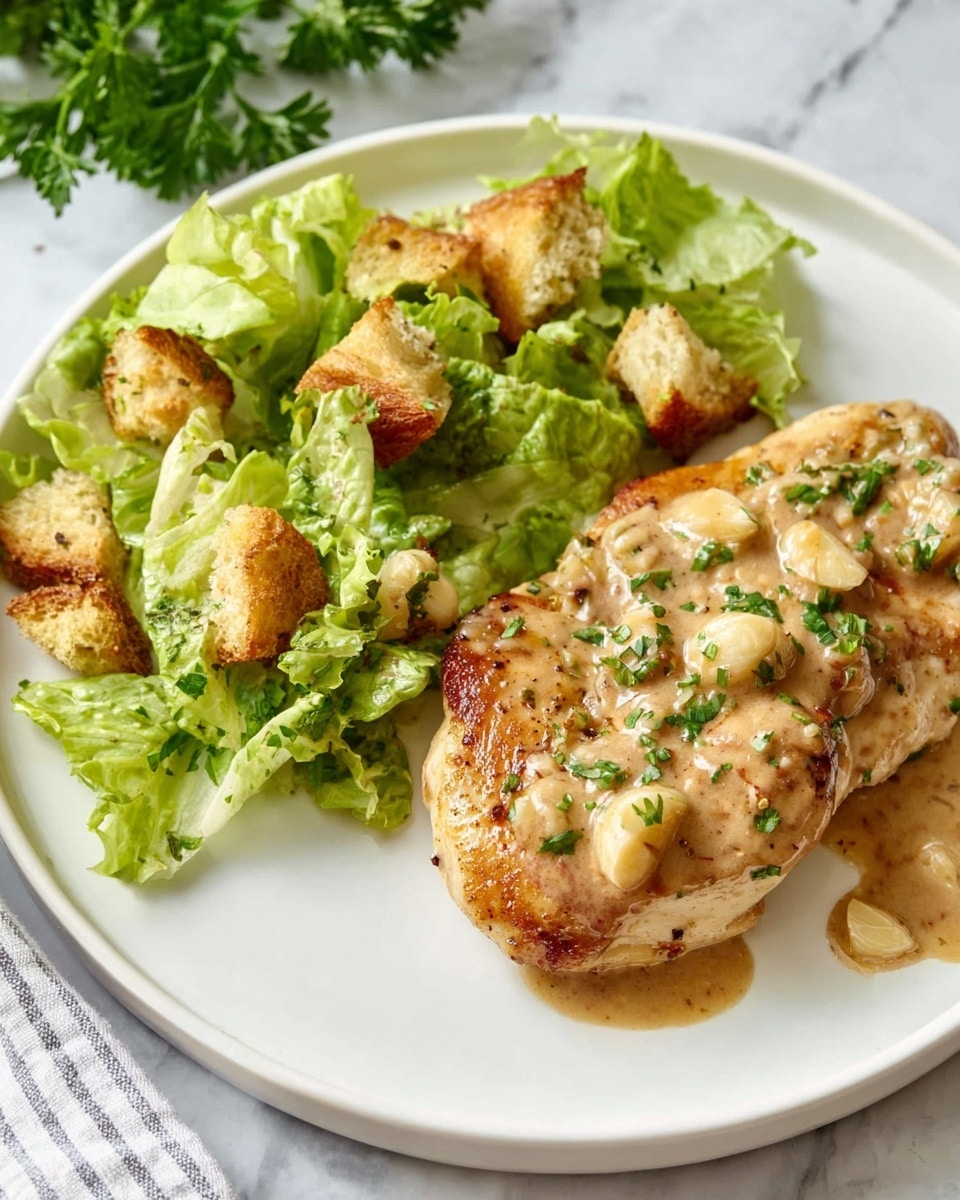 A white plate with one cooked chicken piece topped with light brown creamy garlic sauce that has visible garlic cloves and chopped green herbs on it, placed on the right side of the plate. On the left side of the plate, there is a green romaine lettuce salad mixed with crunchy light brown croutons, all on a white marbled surface with some green parsley leaves visible in the background. Photo taken with an iphone --ar 4:5 --v 7