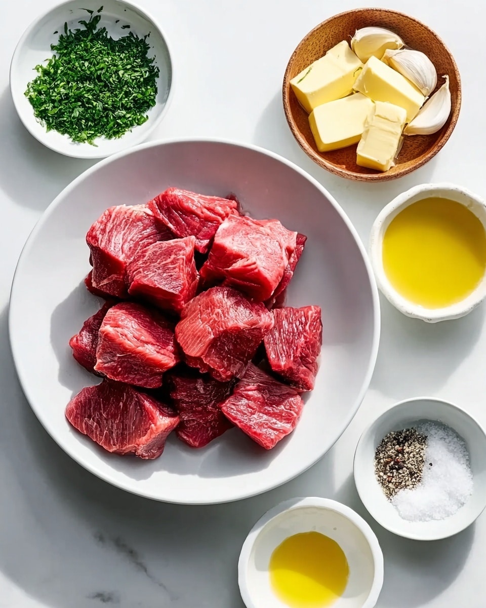 A white plate in the center holds several chunky, raw beef pieces with a rich red color and defined muscle texture, stacked loosely. Surrounding the plate are smaller white dishes set on a white marbled surface: one has bright green chopped herbs finely piled, another holds three whole garlic cloves inside a small rustic wooden bowl, one dish shows yellow butter slices neatly arranged, a small bowl contains a golden liquid resembling oil, and another has a mix of white salt and black pepper granules. The overall layout is clean and bright, with natural light enhancing the fresh colors. photo taken with an iphone --ar 4:5 --v 7
