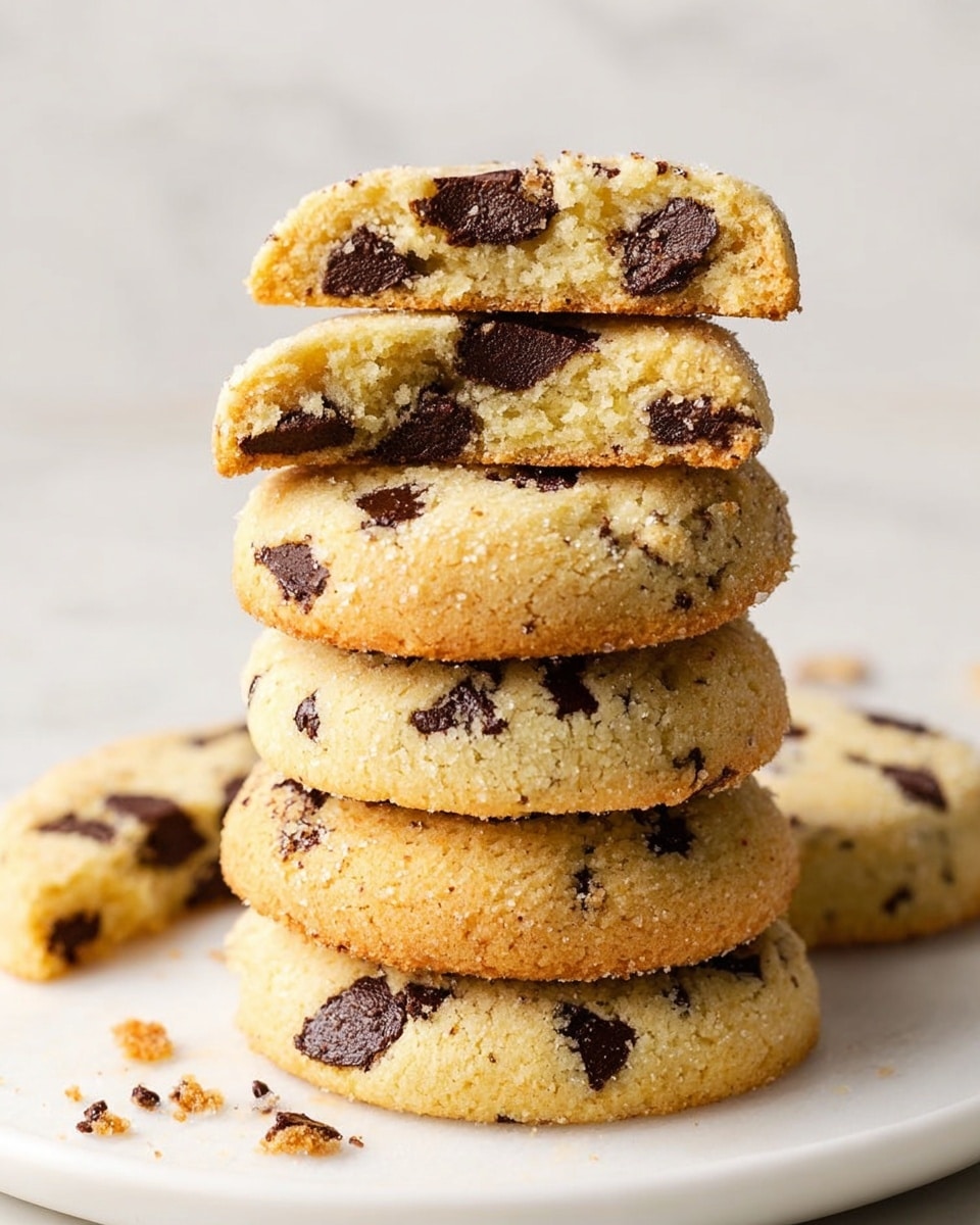 A stack of six round chocolate chip cookies sits on a white plate on a white marbled surface. The cookies have a light golden brown color with a crumbly texture. Each cookie features unevenly scattered dark chocolate chips, some embedded inside and some slightly melting on top. The top cookie is broken in half, showing a soft, slightly crumbly interior with more chocolate chips inside. Crumbs from the cookies are scattered around the plate. Photo taken with an iphone --ar 4:5 --v 7
