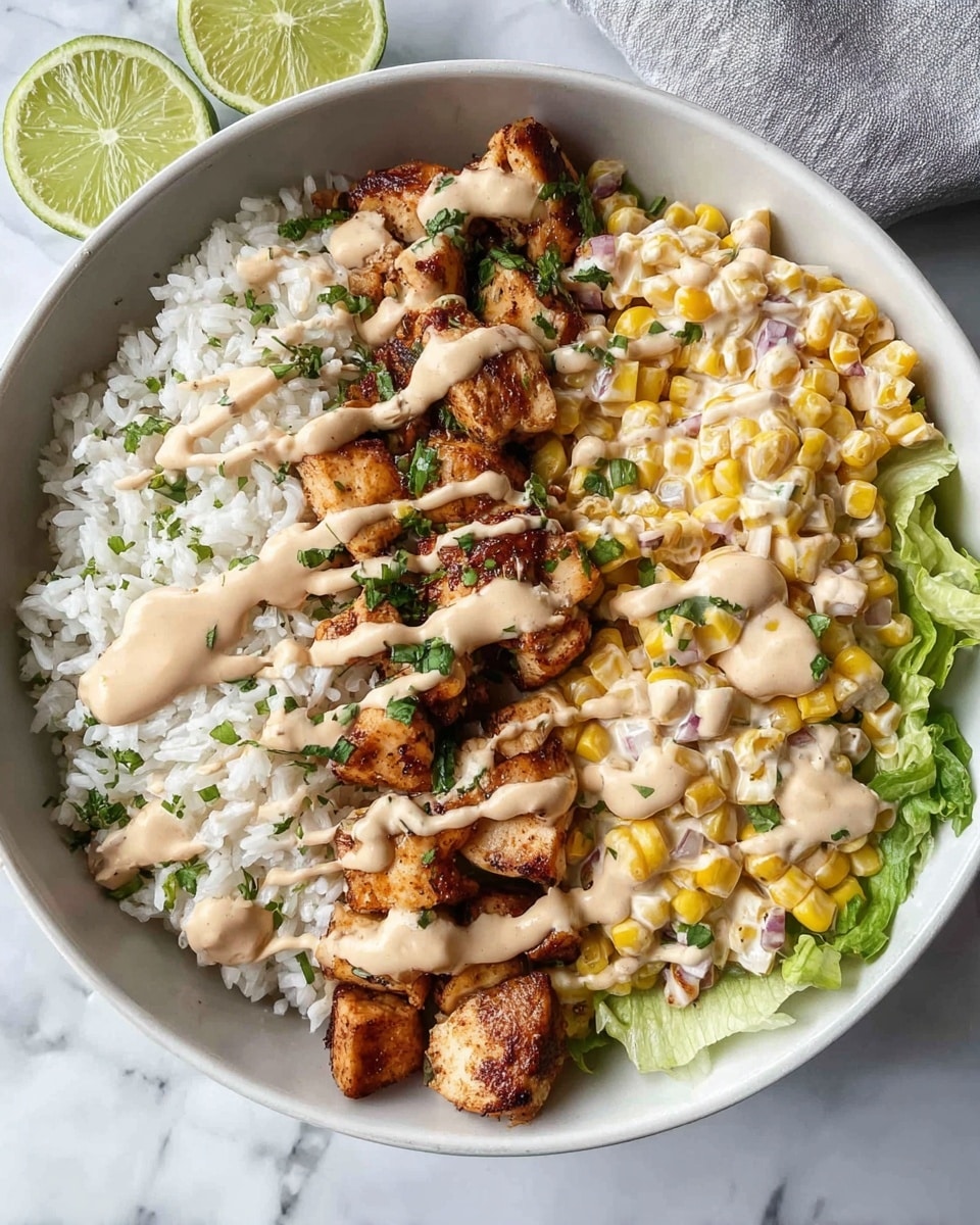 A white bowl contains three main layers arranged side by side starting from the left: plain white rice with some green herbs mixed in, in the middle small pieces of browned grilled chicken topped with chopped herbs, and on the right a creamy corn salad with visible corn kernels, small red and green bits mixed in. A light tan sauce is drizzled in thick strips across all three layers. There are a few green lettuce leaves at the bottom right edge of the bowl. The bowl sits on a white marbled surface with two lime halves nearby. The photo taken with an iphone --ar 4:5 --v 7