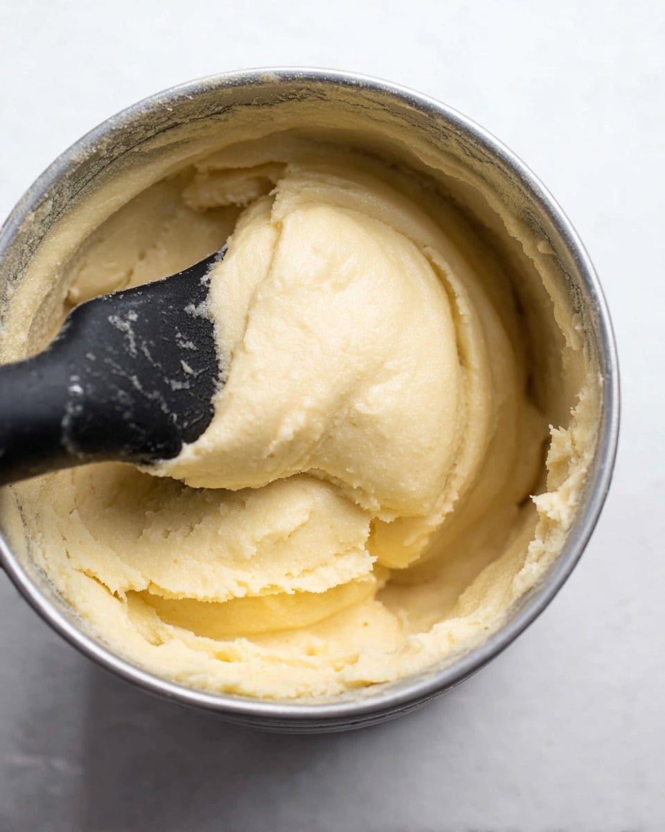 The image shows a close-up of a smooth, pale yellow dough or mixture inside a round metal container. A black spatula is partially submerged into the soft, creamy texture of the dough, with the spatula resting sideways, partly lifting some of the dough. The background and the surface on which the container sits are a white marbled texture. The metal container has some dough residue along its rim, giving a sense of use. photo taken with an iphone --ar 4:5 --v 7