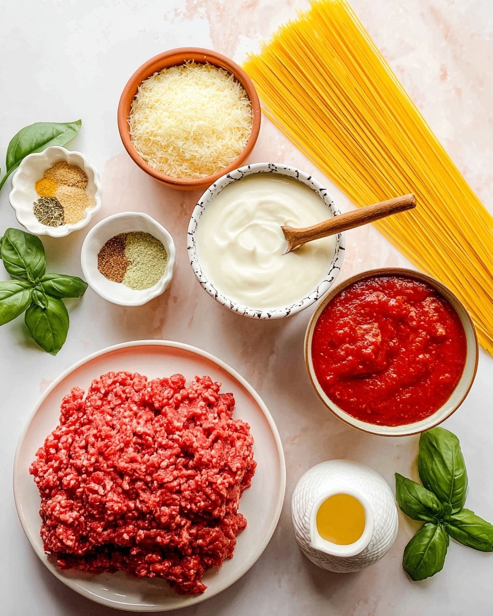 Top view of ingredients on a white marbled surface: a flat pile of bright red ground meat on a white plate in the left corner; a small white bowl with mixed dry spices in four parts showing light beige, yellow, and greenish colors near the meat; a round terracotta bowl filled with finely grated pale yellow cheese above the spices; a white bowl with a wooden spoon resting inside, filled with smooth white creamy sauce below the cheese; a white bowl with black dots around the rim full of chunky bright red tomato sauce to the right of the creamy sauce; uncooked yellow spaghetti tied with string laid lengthwise on a white plate above the tomato sauce, decorated with fresh green basil leaves scattered around; a small white textured jug with honey or syrup in the bottom right corner; and a small white cup with yellow liquid next to the jug. Photo taken with an iphone --ar 4:5 --v 7