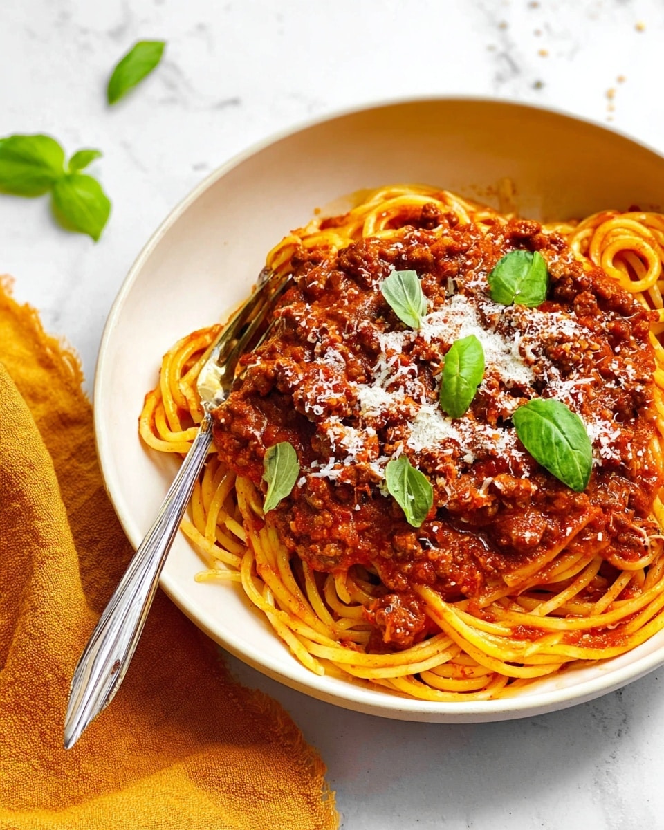A white shallow bowl is filled with thick spaghetti pasta covered in rich red meat sauce mixed with small chunks of browned meat. The pasta strands are twisted around a shiny silver fork resting on the left side of the bowl. Sprinkles of white grated cheese are scattered over the sauce, along with a few fresh green basil leaves on top. The scene is set on a white marbled surface with a folded mustard-yellow cloth partially visible in the bottom left corner. photo taken with an iphone --ar 4:5 --v 7