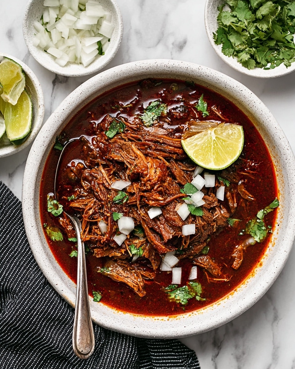 A white speckled bowl holds a rich, dark red stew filled with shredded meat pieces, surrounded by a layer of glossy oil. On top of the meat are small white onion cubes and scattered green cilantro leaves. A slice of lime rests on the right edge of the bowl. A silver spoon is placed inside the bowl on the left side. The bowl sits on a white marbled surface with a dark striped cloth napkin underneath the left side. Around the bowl are small white dishes holding chopped onions, fresh cilantro, and lime wedges photo taken with an iphone --ar 4:5 --v 7