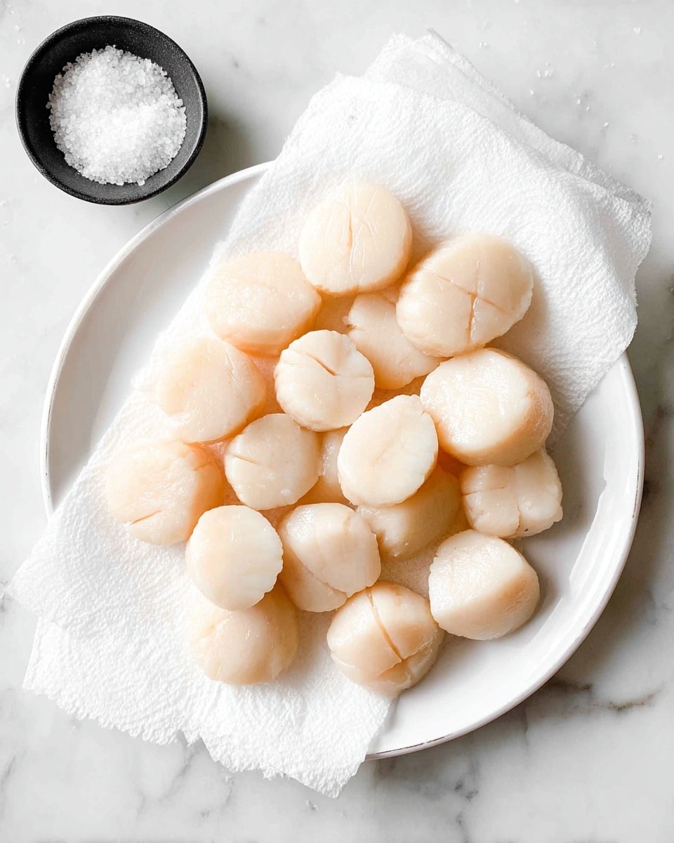 A white plate holds about twenty smooth, pale beige scallops with a slight shine and cracks on their rounded tops. The scallops are arranged loosely in a single layer on a folded white paper towel that cushions them. Near the top left corner of the image, there is a small black bowl filled with coarse, white salt placed on a white marbled surface, which also serves as the background. The overall look is clean and simple, with soft natural light highlighting the scallops' textures and colors. photo taken with an iphone --ar 4:5 --v 7