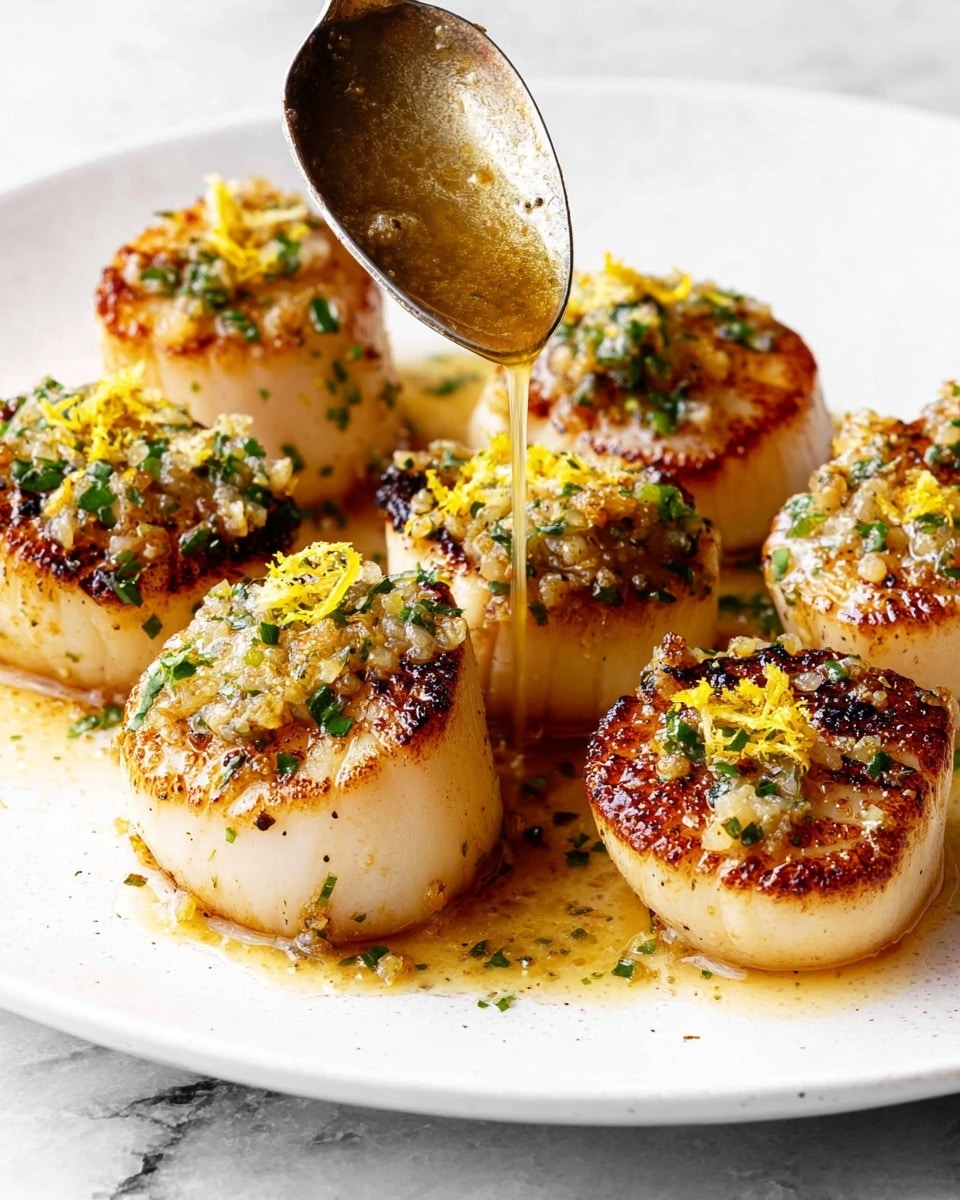 Six seared scallops with a golden brown crust sit closely together on a white plate with a white marbled texture background. Each scallop is topped with finely chopped green herbs and small yellow zest shreds, giving a fresh look. A spoon is pouring a shiny, light brown sauce over the center scallop, causing the sauce to pool slightly around the scallops. The texture of the scallops is smooth on the sides and crisp on top from the searing. Photo taken with an iphone --ar 4:5 --v 7