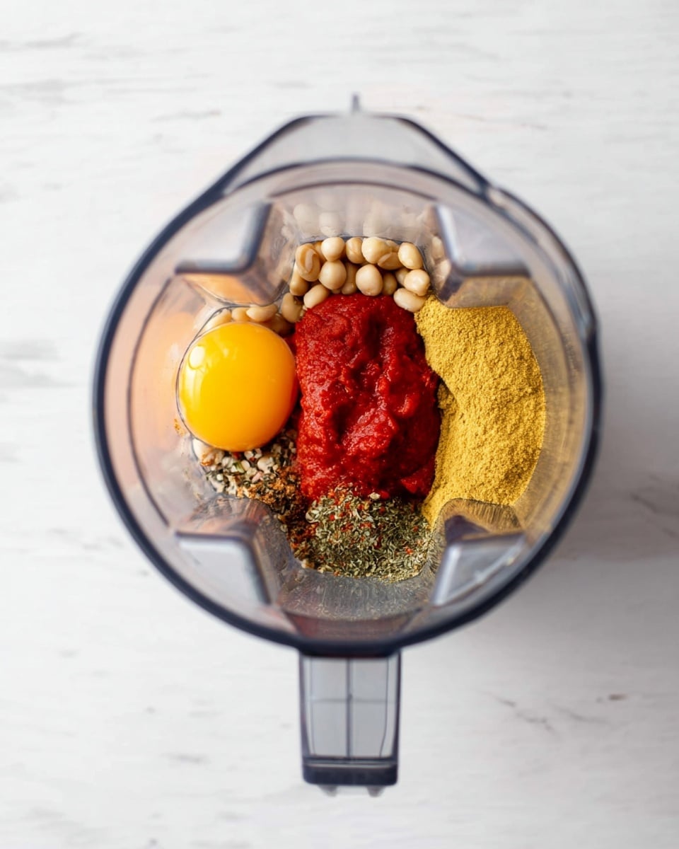 A top-down view shows a blender container with five main ingredients placed separately inside. Near the center left, there is a whole uncooked egg yolk with a smooth, shiny surface. Below it, on the bottom left, are small light brown beans. At the center, slightly to the right, there is a generous scoop of thick, bright red tomato paste. Along the right side, a large portion of fine yellow powder, possibly flour or a spice, rests. Below the yellow powder at the bottom right corner, there is a mix of green herbs and crushed spices, adding some texture. The clear plastic blender container sits on a white marbled surface. photo taken with an iphone --ar 4:5 --v 7