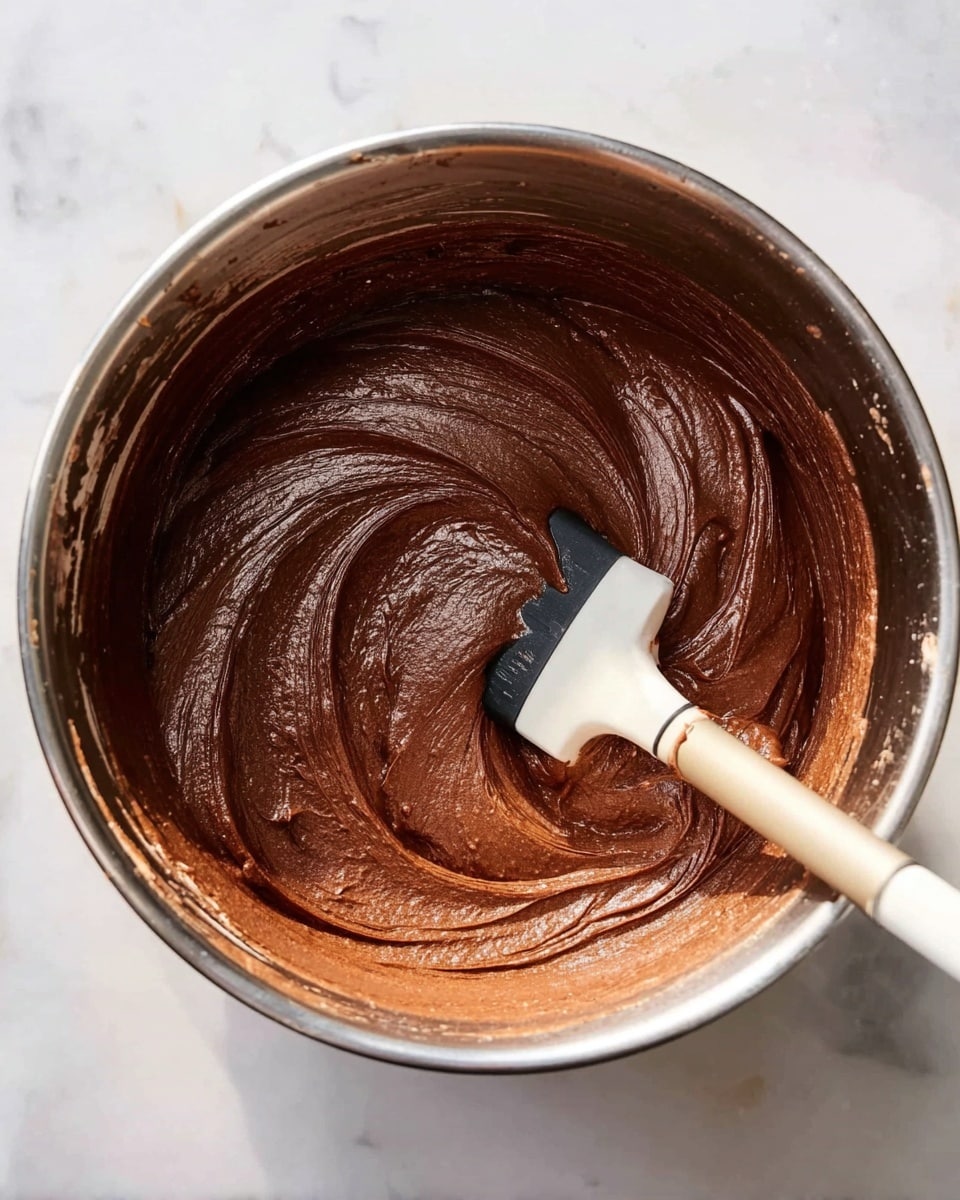 A metal bowl filled with thick, smooth dark brown chocolate batter, swirled evenly inside; a white and black spatula with some batter on it rests on the surface, creating soft curves in the mixture. The bowl sits on a white marbled surface. photo taken with an iphone --ar 4:5 --v 7