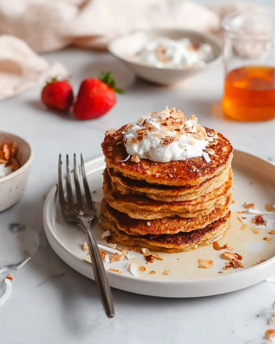A stack of five golden brown pancakes sits in the center of a white plate on a white marbled surface. Each pancake looks slightly crispy on the edges and soft in the middle. On top of the stack is a dollop of white whipped cream or yogurt, with small pieces of shredded coconut and chopped nuts sprinkled over it and around the plate. To the left of the stack is a fork resting on the plate, and in the background, there are a couple of fresh red strawberries, a small bowl of more whipped cream or yogurt, and a glass of amber-colored syrup. The scene has soft natural light, making the colors warm and inviting photo taken with an iphone --ar 4:5 --v 7