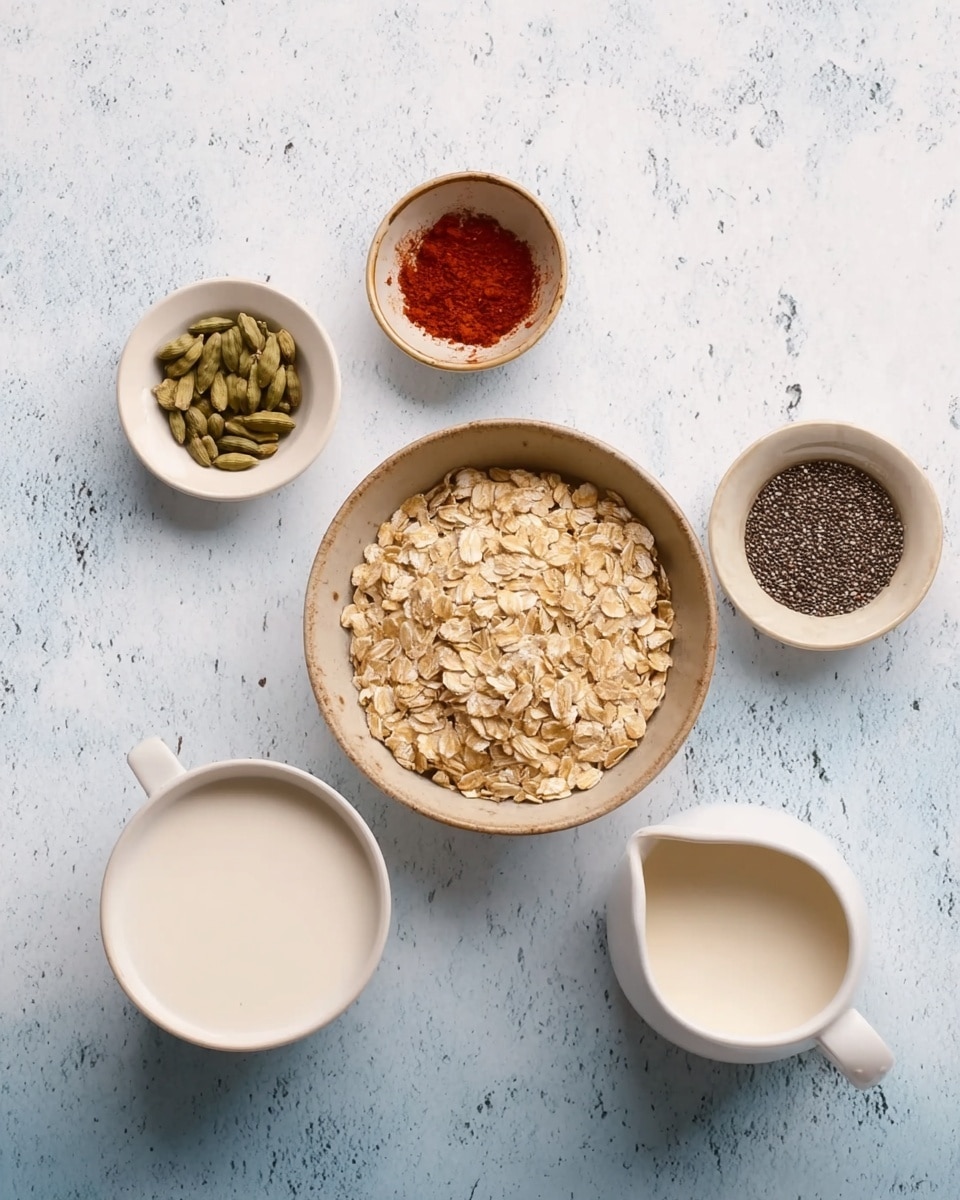 The image shows six white dishes on a white marbled surface. In the middle, there is a round bowl full of light brown oats. To the right, a small bowl holds black chia seeds, and near the top left, there is a small bowl with green cardamom pods. Above the bowl of oats, a little dish contains red powder, possibly paprika or chili powder. On the left side, a white cup holds white liquid, likely coconut milk or cream, while a white jug on the right side is filled with a light cream-colored liquid, probably milk. photo taken with an iphone --ar 4:5 --v 7