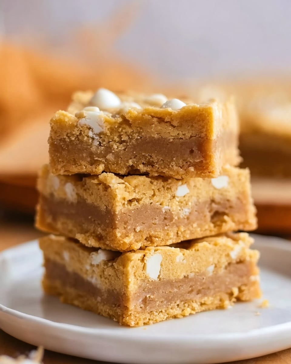 The image shows three stacked square bars on a white plate placed on a white marbled surface. Each bar has two visible layers: a golden-brown crumbly base with a soft and slightly chunky texture, and a slightly lighter top layer with small white pieces embedded within, suggesting bits of nuts or white chocolate. The top surface of the bars appears smooth with a slight shine. The background is softly blurred with warm tones, drawing focus to the three bars. photo taken with an iphone --ar 4:5 --v 7