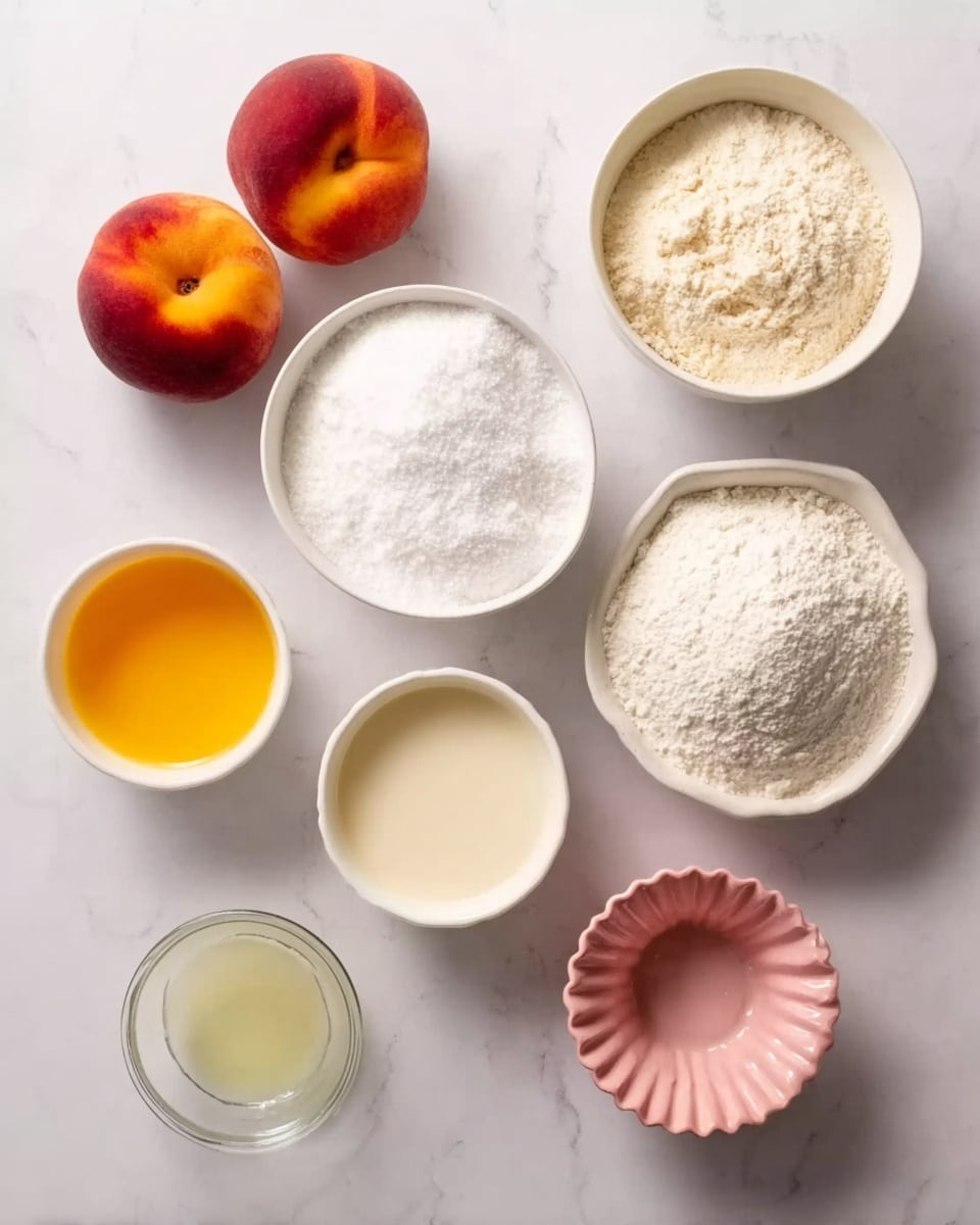 The image shows eight ingredients arranged neatly on a white marbled surface. There are two bright orange peaches with red shades on the left side. In the center, a white bowl is filled with white granulated sugar. Above it, a white bowl holds light beige flour with a soft powdery texture. To the right, a small clear glass cup contains creamy, off-white milk. Below the sugar bowl, there is a small white bowl with pale yellow melted butter, next to it on the left is a slightly bigger white bowl with clear light yellow liquid, possibly oil or syrup. A small white bowl with white baking powder is placed near the bottom right corner. Right in the middle at the bottom is a small pink fluted silicone baking cup. The setup is clean and well organized. Photo taken with an iphone --ar 4:5 --v 7
